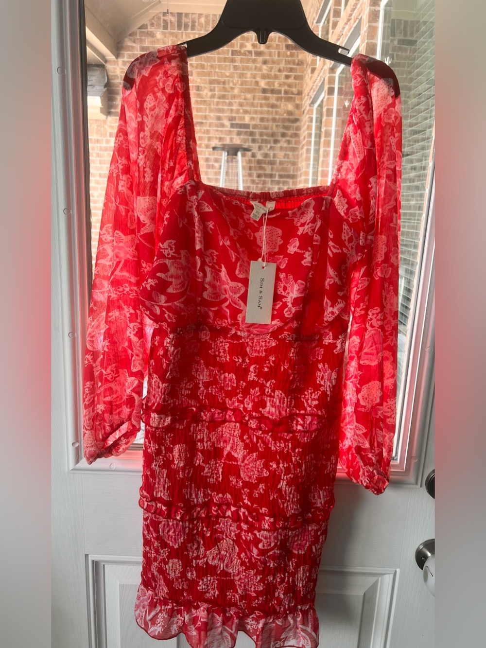 Sim & Sam Red Floral Smocked Waist Long-Sleeve dress 🐝